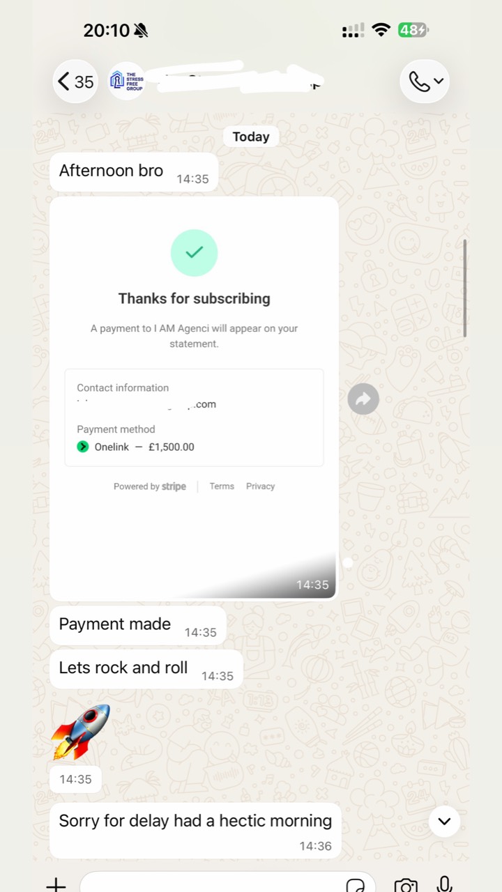 A redacted £1,500 subscription payment from an AI implementation client